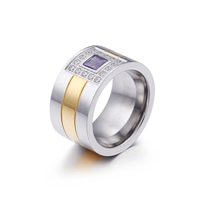 Titanium steel ring with square purple zircon and two-tone gold-silver wide band