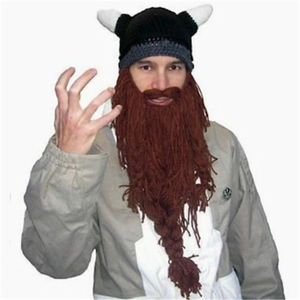 Viking horn knit hat with brown beard and braids for creative Christmas costumes