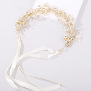 Handmade bridal headband with white pearls, crystals, and gold alloy for wedding gowns