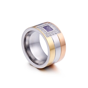 Three-tone wide titanium ring with square purple gemstone and pavé zircon accents