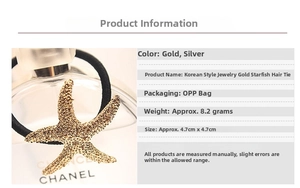 Detailed view of golden starfish hair tie with product size and specification chart