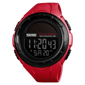 Solar powered sports watch with red strap and 50M water resistance digital display