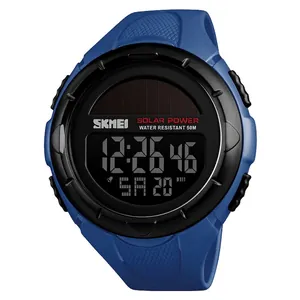 Detail of blue solar sports watch dial with digital display and 50M water resistance