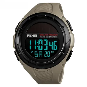 Close-up of solar-powered digital sports watch with khaki silicone strap and 50M water resistance