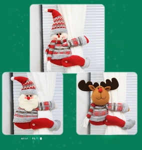 Detailed plush Christmas curtain tiebacks featuring Santa, snowman, and reindeer figures