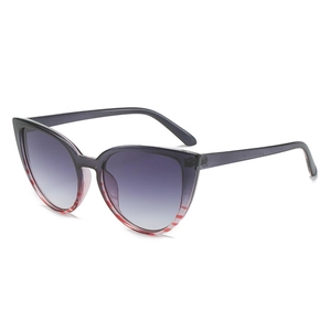 Vintage cat eye sunglasses with purple frames and red-white stripes at a 45-degree angle