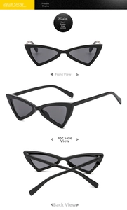 Detailed views of black cat-eye sunglasses with gray lenses from multiple angles