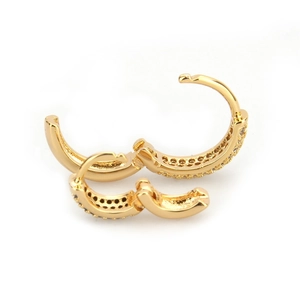 Close-up of gold-plated hoop earrings featuring micro-pave clear cubic zirconia stones