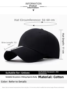 Size chart for unisex cotton baseball cap with adjustable circumference and bill dimensions