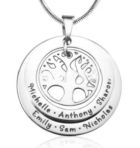 Detailed view of stainless steel family tree pendant with custom engraved names