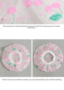 Détail du bonnet de douche imperméable en EVA avec motif cerise rose et bord élastique