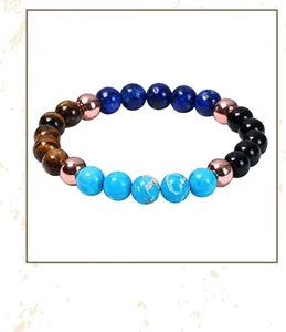 Macro shot of 8mm multicolored natural stone beads with elastic cord on beaded bracelet