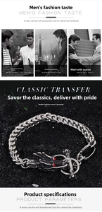 Détail du fermoir tête de dragon d'un bracelet vintage en acier inoxydable pour hommes