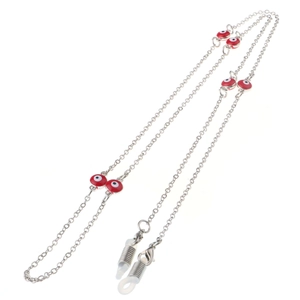 Silver eyewear chain with red evil eye beads and clear silicone loop connectors