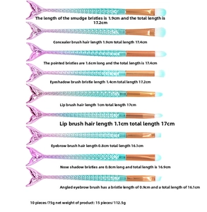 Detailed size chart for mermaid makeup brushes featuring precise tool measurements