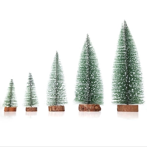 Set of 5 mini artificial Christmas trees with snow effect and natural wood bases