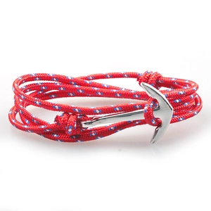 Bracelet nautique tressé fait main avec fermoir ancre argenté en rouge blanc et bleu