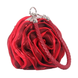 Detailed view of the red satin rose petal layers on this elegant evening clutch bag
