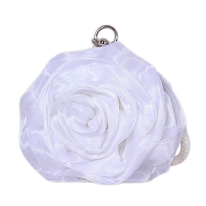 Elegant white 3D satin rose evening clutch bag with metal ring and woven strap details