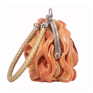 Detail of orange silk satin evening bag showing 3D floral folds and gold handle