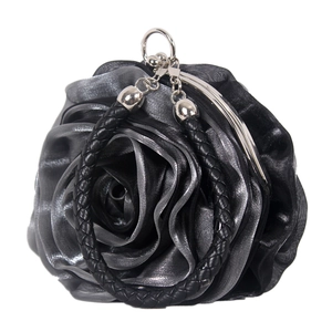 3D satin rose evening clutch bag with black-grey gradient and woven handle