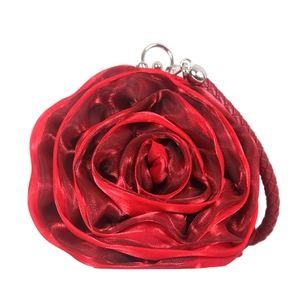 Elegant red silk rose evening clutch bag with woven handle for weddings and parties