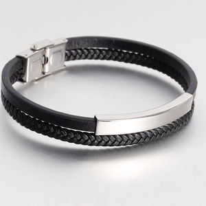 Double-layer black braided leather bracelet with curved silver stainless steel plate