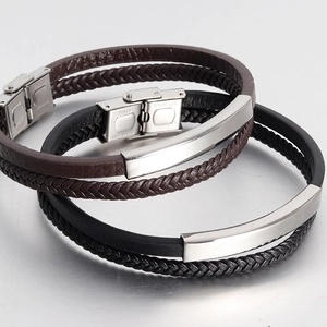 Men's double-layer braided leather bracelet with polished stainless steel magnetic clasp