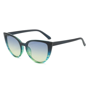 Retro cat-eye sunglasses with black frame and blue to yellow gradient lenses