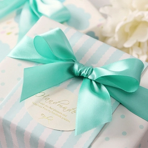 Lake blue polyester satin ribbon with handmade bow for luxury gift packaging decor