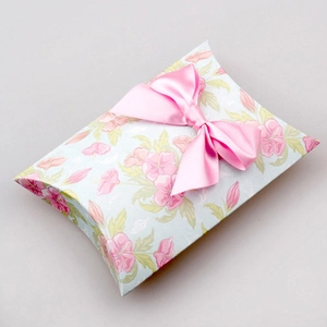 Blue floral pillow gift box with pink satin ribbon bow for jewelry packaging