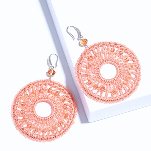 Bohemian pink woven hoop earrings with clear crystal beads for women fashion