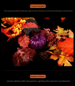 Detailed view of purple glitter pumpkin and realistic maple leaves for autumn wreath
