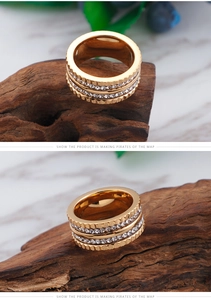 Macro shot of gold-plated ring with dual-row zircon stones and gear edge detail