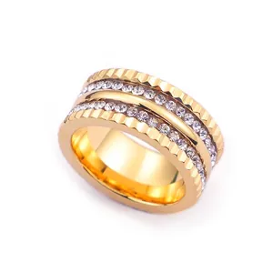 Wide Band Ring Gold Plated Stainless Steel Dual Row Cubic Zirconia Gear Edge Fashion Jewelry For Women
