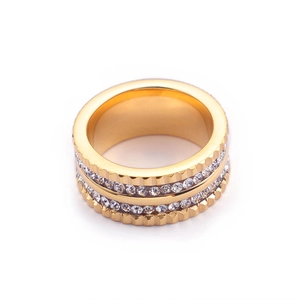 Fashion gold double row crystal zircon ring with gear edge for women stylish jewelry