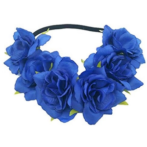 Close-up of blue artificial roses on a black elastic headband for festive parties