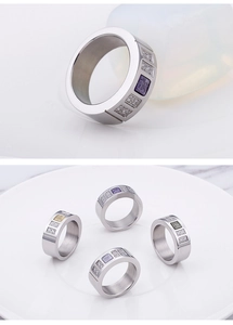 Macro detail of geometric wide band rings with vibrant square-cut zirconia stones
