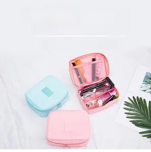 Detail of multi-compartment travel toiletry bag showing organized storage for brushes