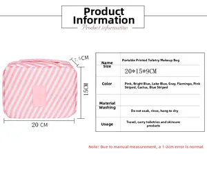 Macro shot showing 20x15x9cm dimensions and pink striped texture of the makeup bag