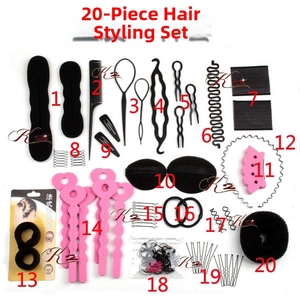 Detailed flat lay of 20-piece hairstyling tool set including bun maker and hair pins