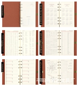 Detail view of the brown leather binder inner pages showing calendar and contact sections