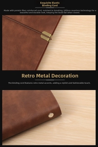 Detail of vintage brown leather notebook featuring elastic strap and metallic rivets