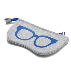 Minimalist grey felt glasses case with blue zipper and stylish eyewear print