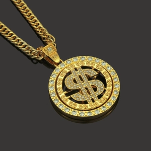 Detailed close-up of 18K gold plated hip hop pendant with sparkling diamonds and dollar sign