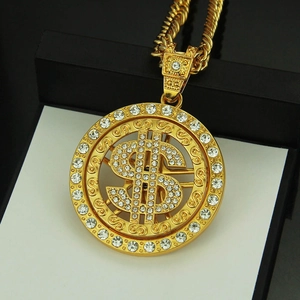 Hip hop men's 18K gold plated necklace with iced out dollar sign pendant and clear crystals