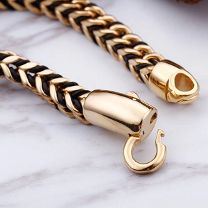 Braided black leather and 18K gold stainless steel bracelet with U-hook clasp