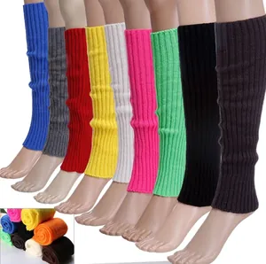 Colorful knitted leg warmers for women in various solid colors with ribbed texture