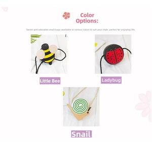 Detailed views of little bee, ladybug, and snail shaped animal crossbody bags for kids