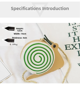Detailed view of snail-shaped toddler crossbody bag showing 12x14x4cm size dimensions